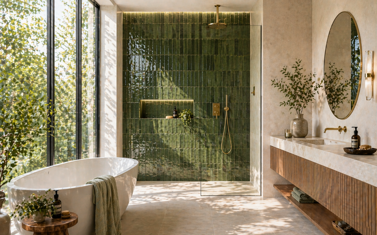 Bright, spa-like modern bathroom featuring a deep green glossy tiled shower wall with subtle texture, natural sunlight streaming through a large window, a freestanding white bathtub, warm wood vanity, brass fixtures, and soft neutral stone flooring creating a calm, luxurious atmosphere.