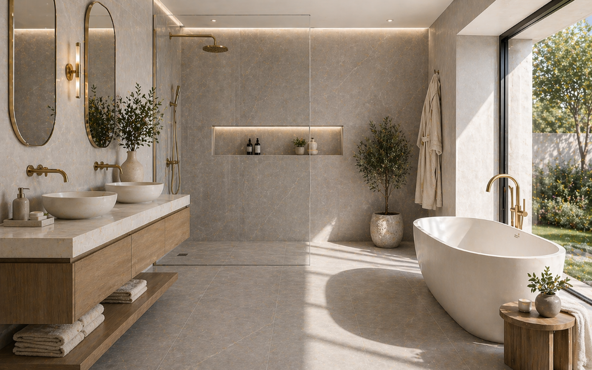 Luxury modern bathroom featuring large-format 24x48 porcelain tile flooring in marble-look finish, freestanding soaking tub, walk-in glass shower, floating wood vanity with double vessel sinks, and abundant natural sunlight creating a warm spa-like atmosphere.